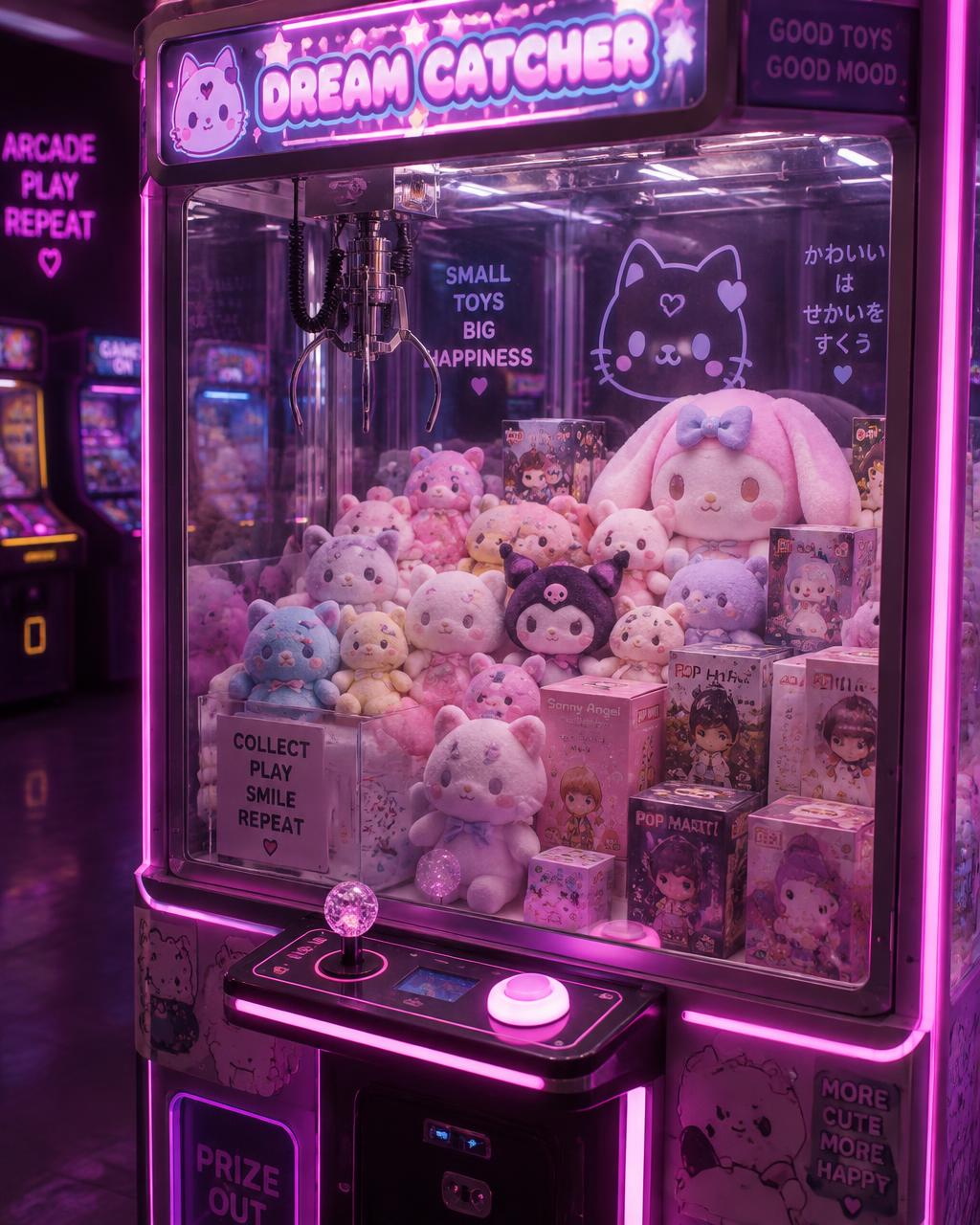 A glowing claw machine packed with kawaii plush prizes at Claw Doll House